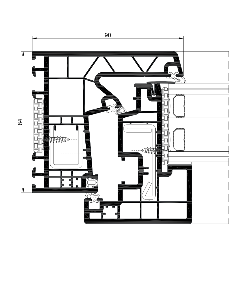 Sección del sistema A 84 Hoja oculta Passivhaus